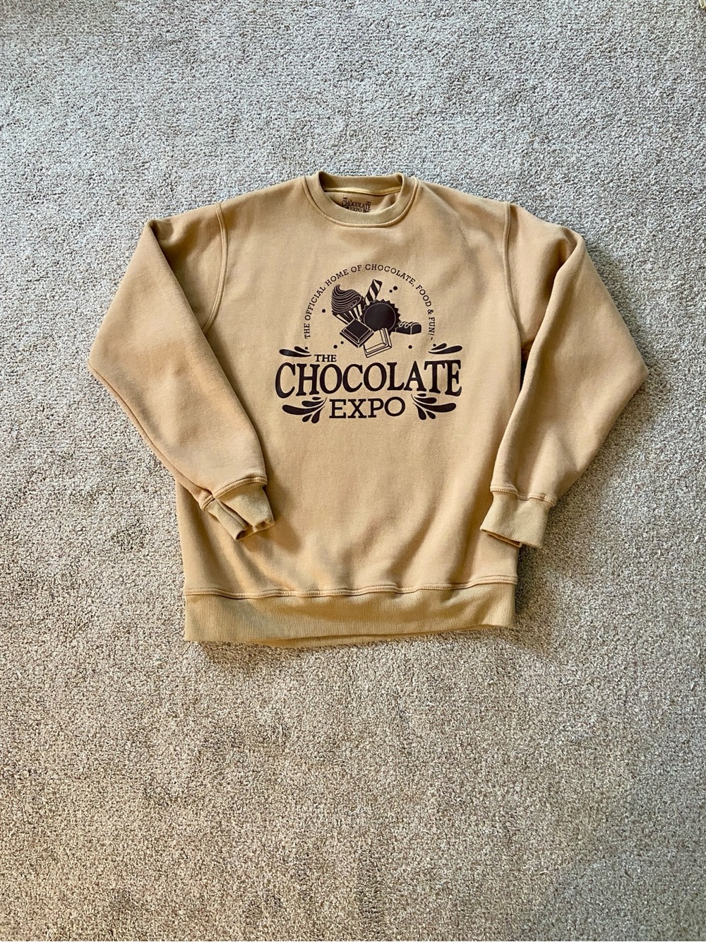 The Chocolate Expo Crewneck Sweatshirt Tan Beige Graphic Pullover Large